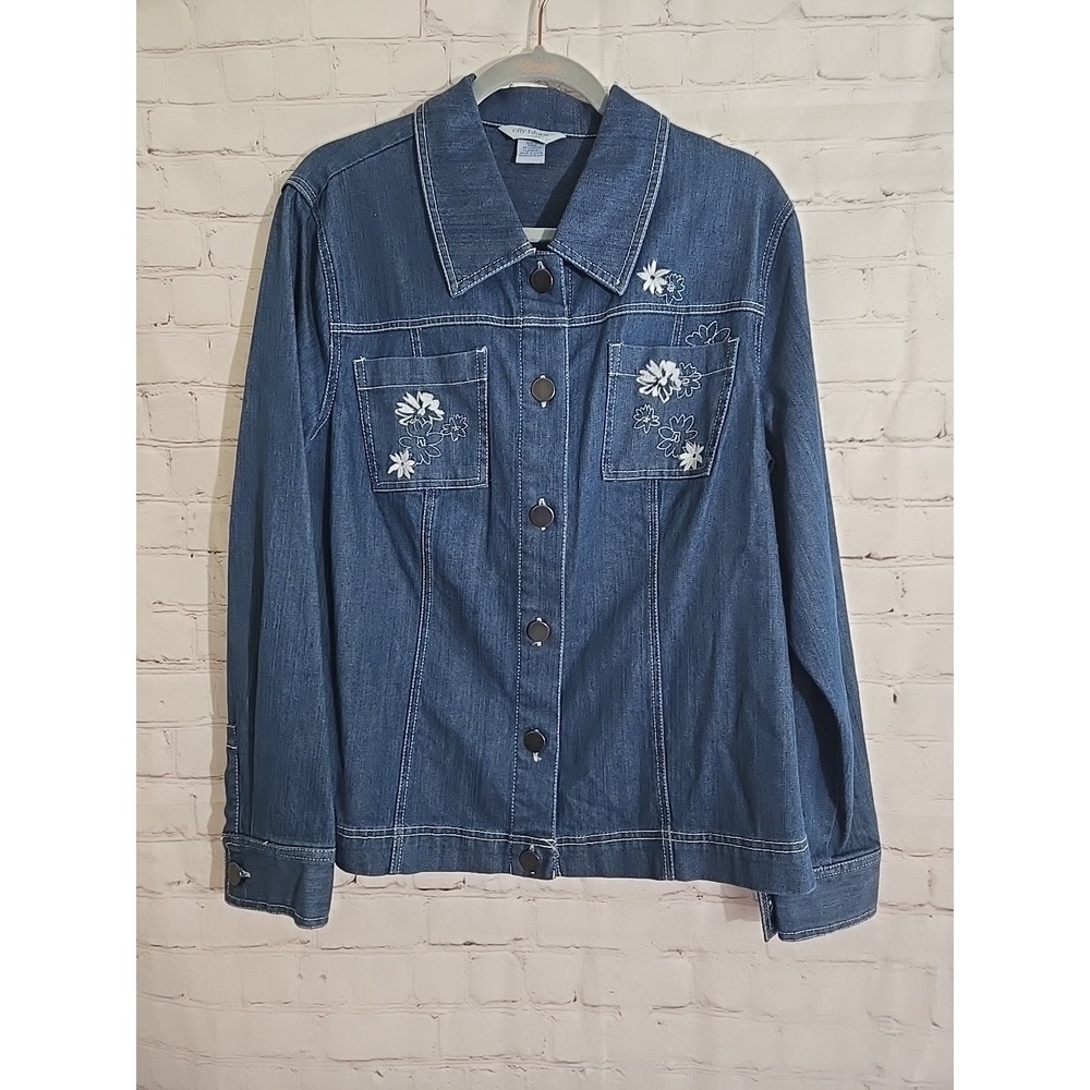 Vtg Y2k Blue Jean Denim Jacket Sz Lg Floral Embroidered Boho CottageCore